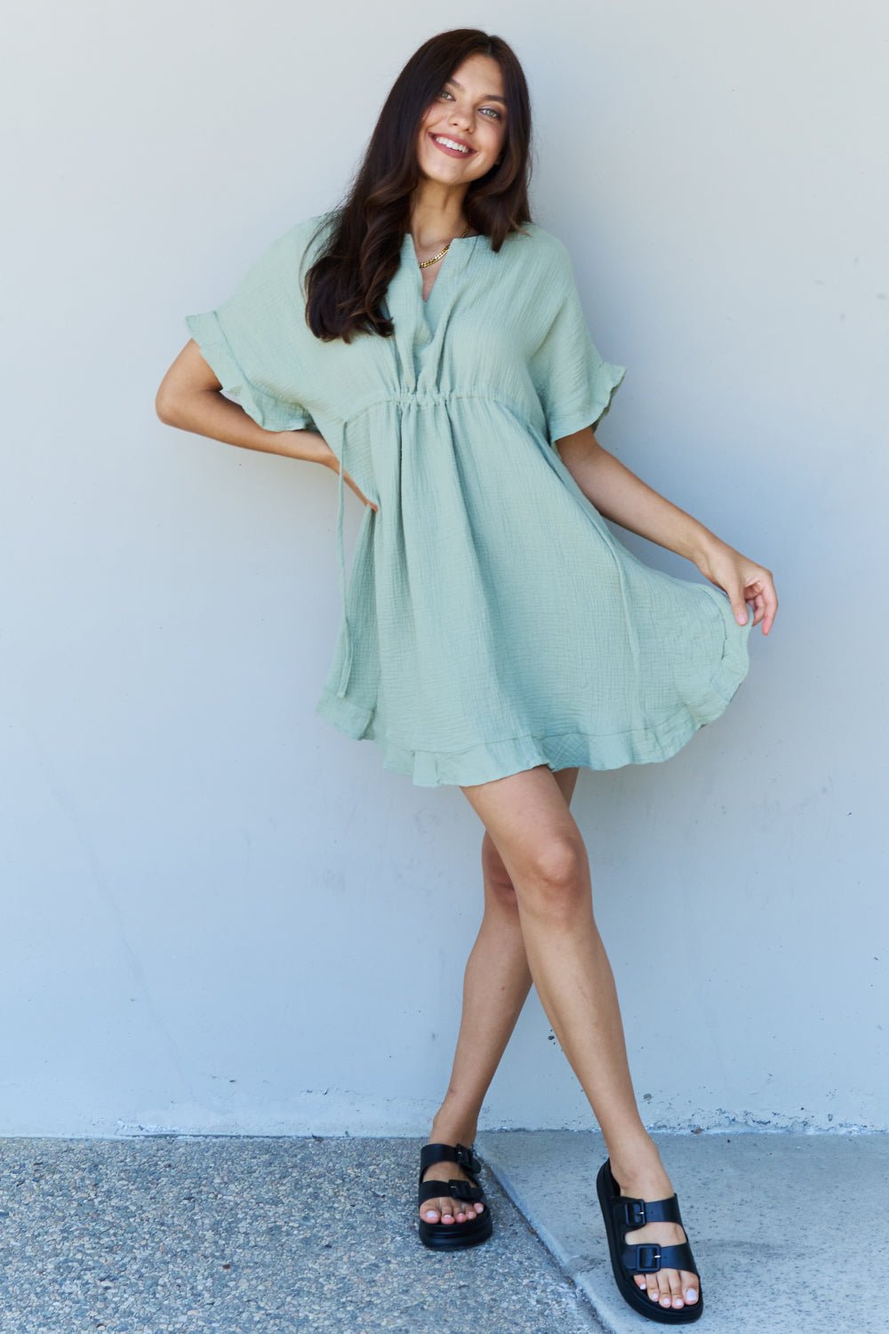 Ninexis - Ruffle Hem Drawstring Waist Mini Dress in Light Sage