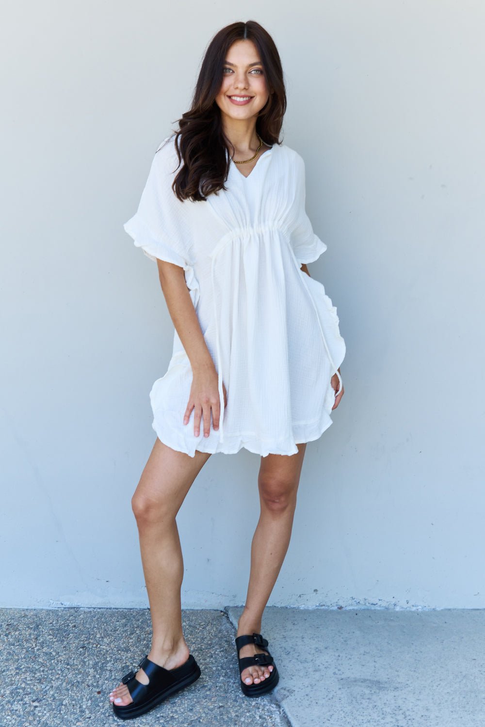 Ninexis - Ruffle Hem Drawstring Waist Mini Dress in White