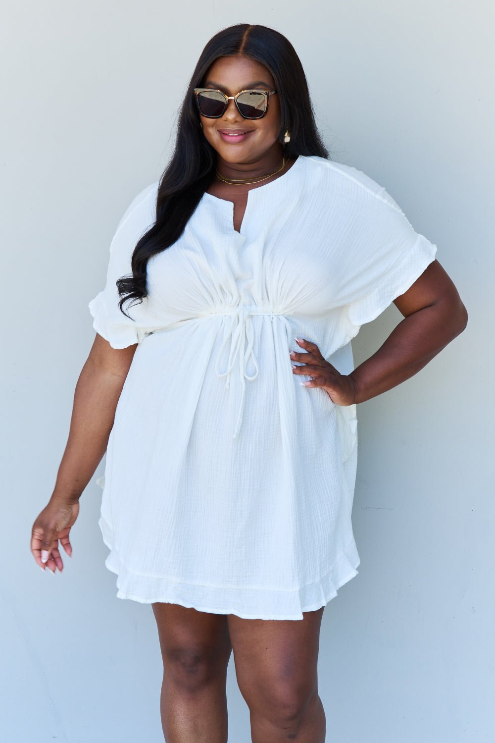 Ninexis - Ruffle Hem Drawstring Waist Mini Dress in White