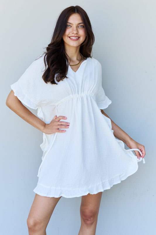 Ninexis - Ruffle Hem Drawstring Waist Mini Dress in White