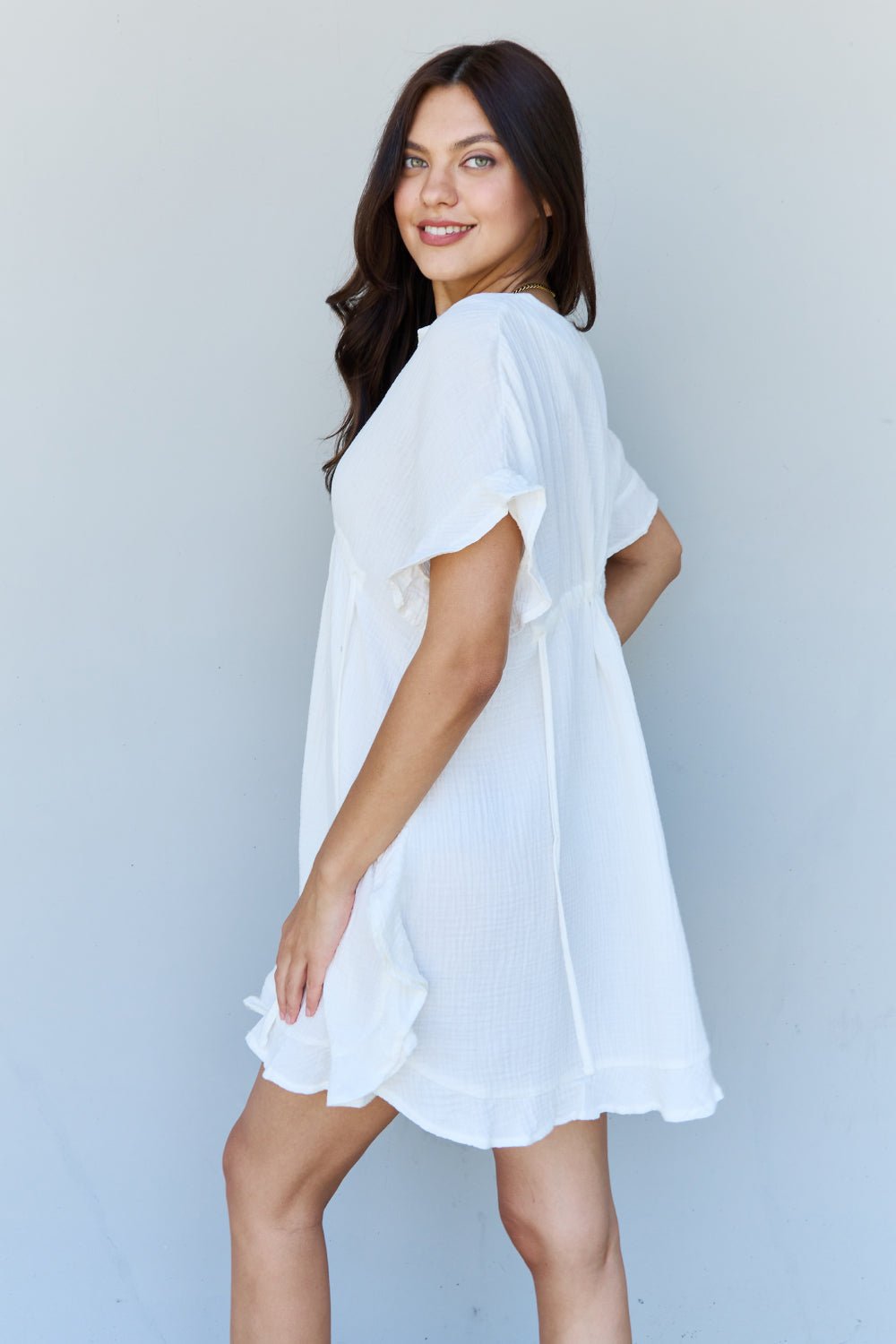 Ninexis - Ruffle Hem Drawstring Waist Mini Dress in White