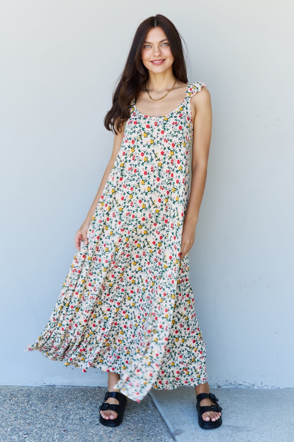 Ninexis - Ruffle Trim Sleeveless Floral Maxi Dress