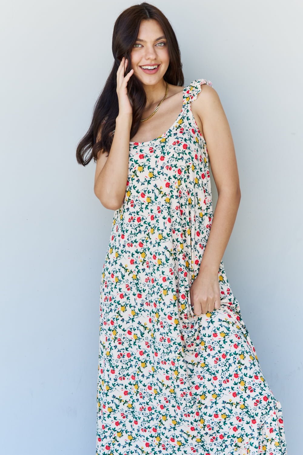 Ninexis - Ruffle Trim Sleeveless Floral Maxi Dress