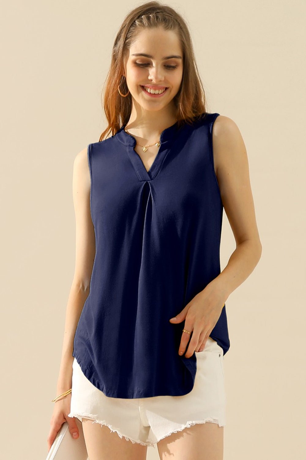 Ninexis - Split Neckline Sleeveless Top