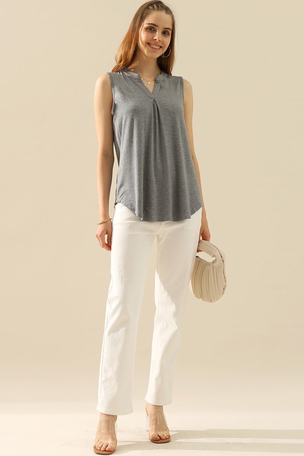 Ninexis - Split Neckline Sleeveless Top