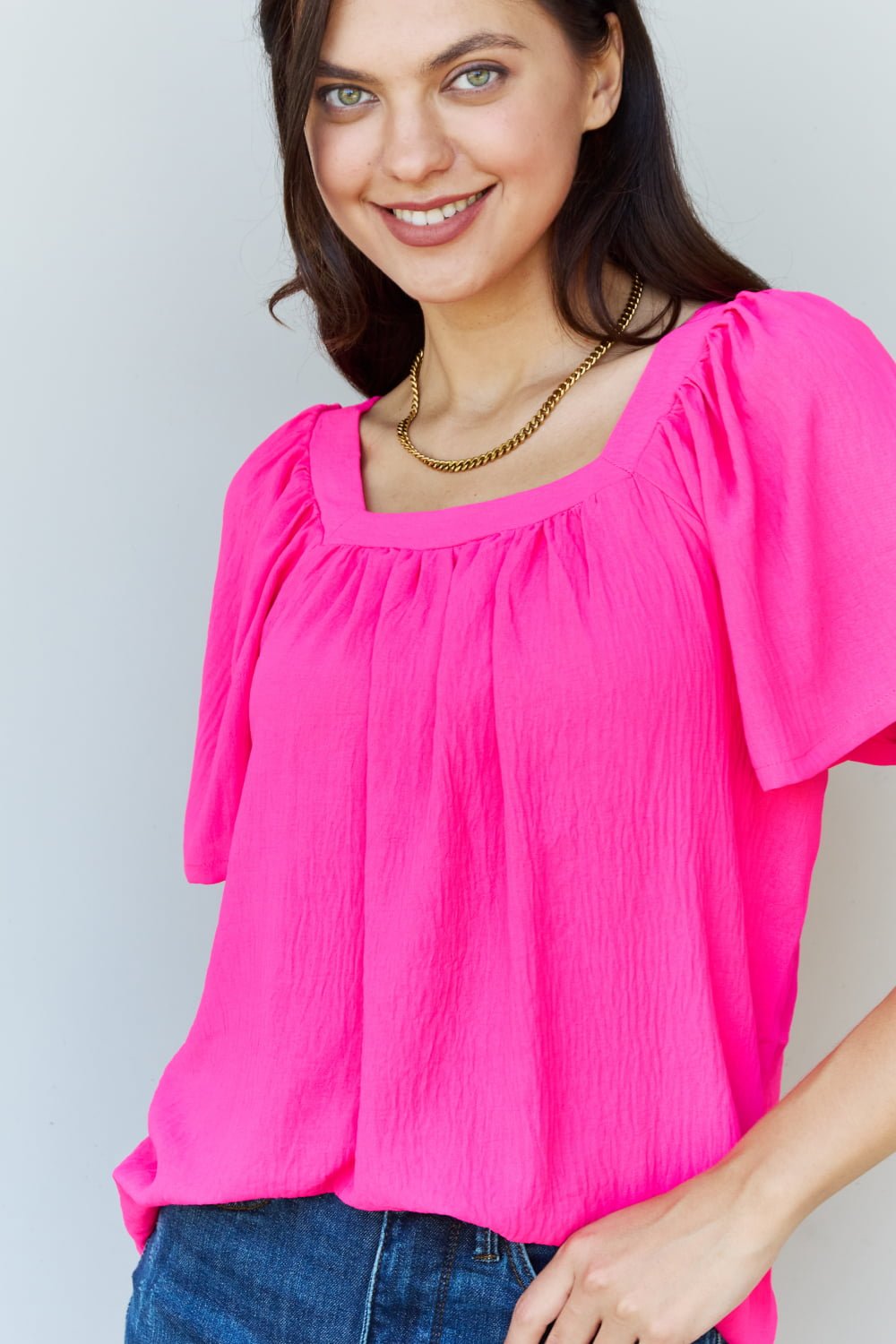 Ninexis - Square Neck Short Sleeve Blouse in Fuchsia