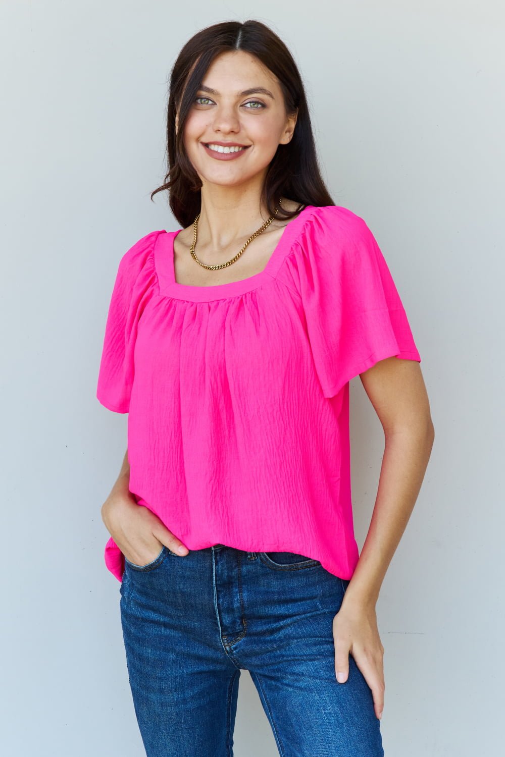 Ninexis - Square Neck Short Sleeve Blouse in Fuchsia