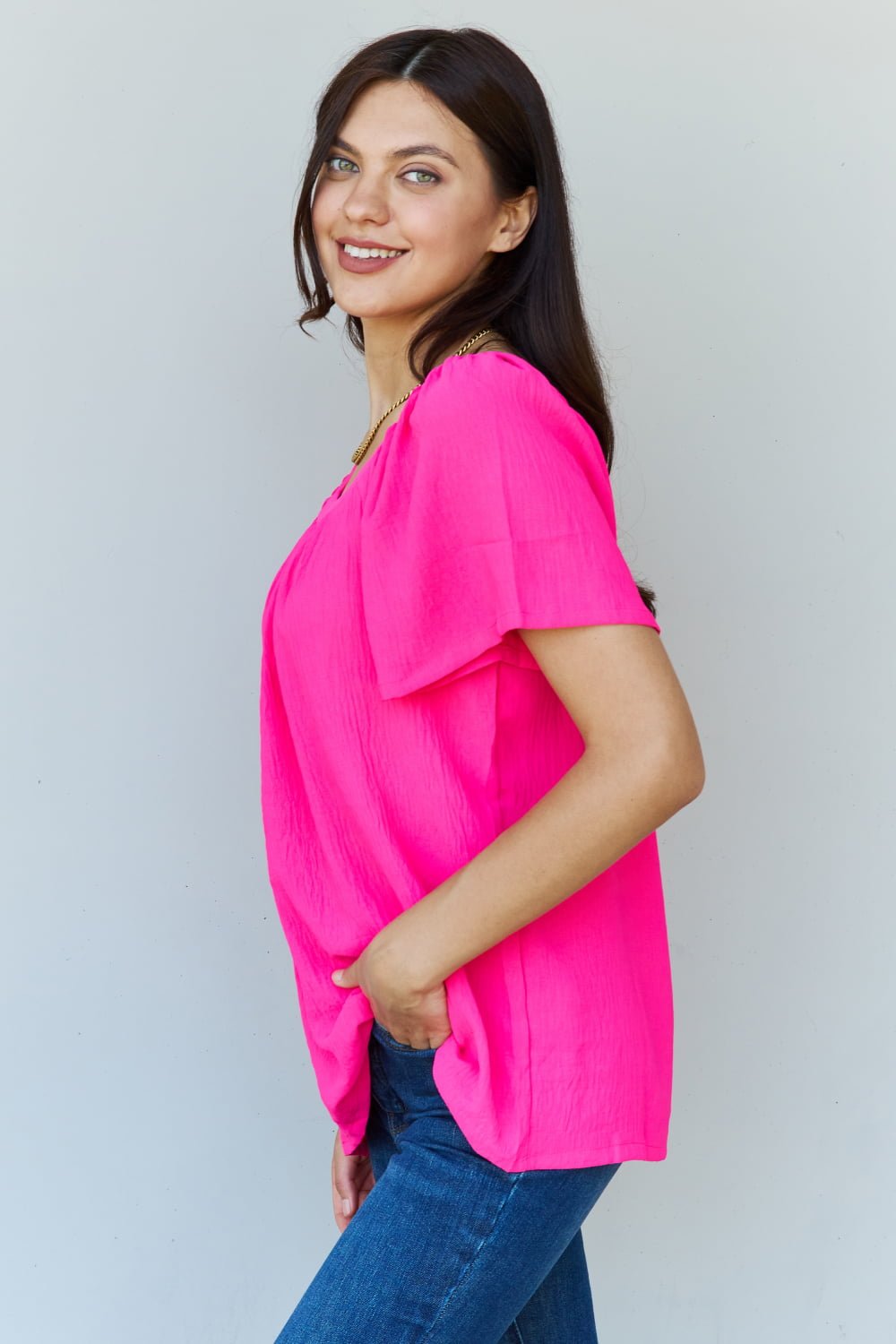 Ninexis - Square Neck Short Sleeve Blouse in Fuchsia