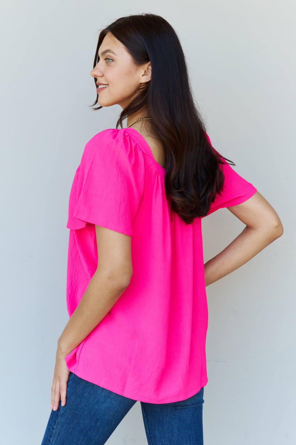 Ninexis - Square Neck Short Sleeve Blouse in Fuchsia