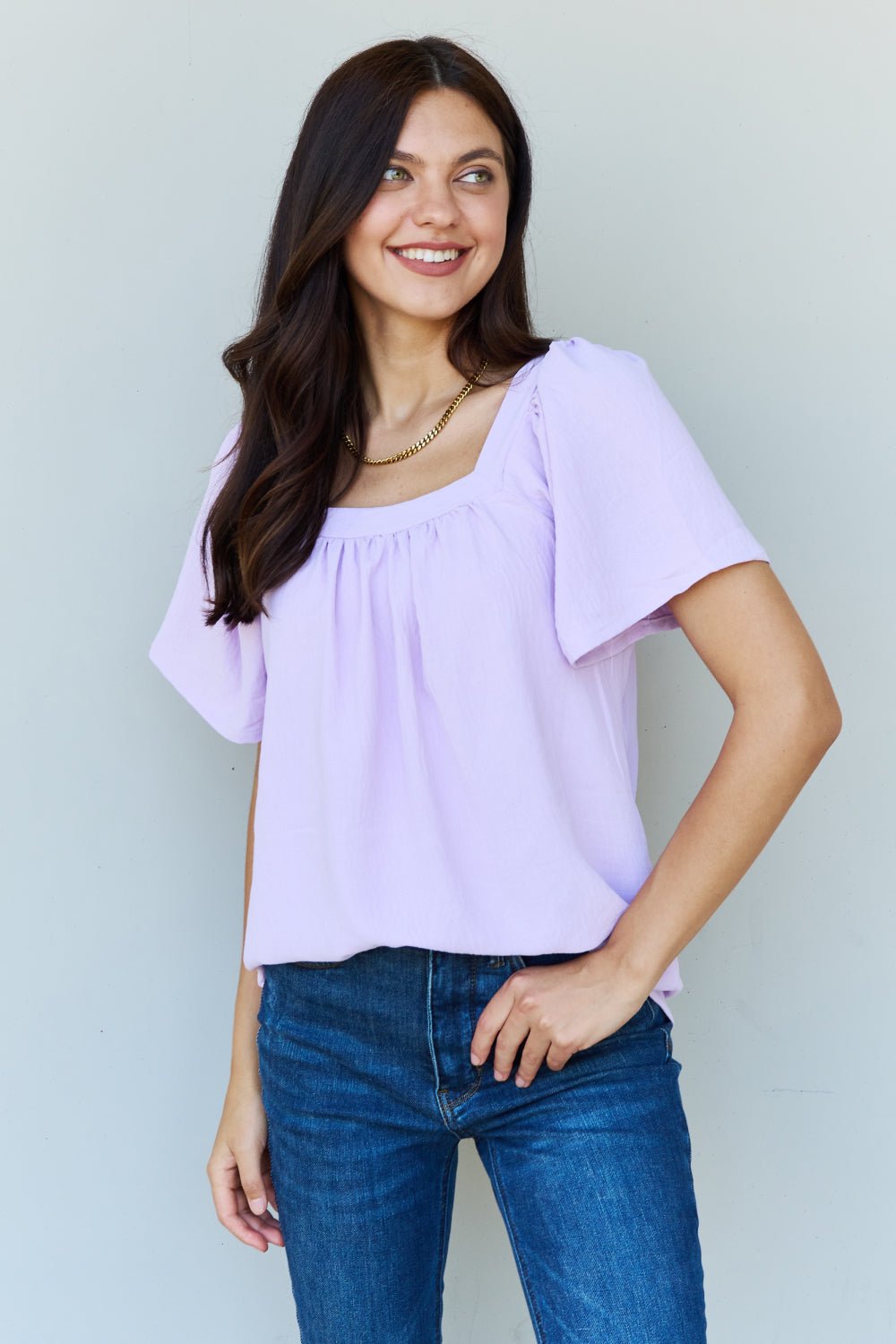 Ninexis - Square Neck Short Sleeve Blouse in Lavender