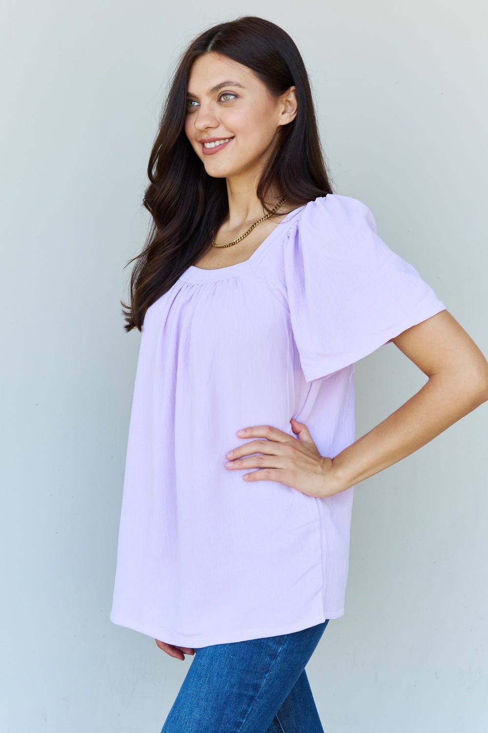 Ninexis - Square Neck Short Sleeve Blouse in Lavender