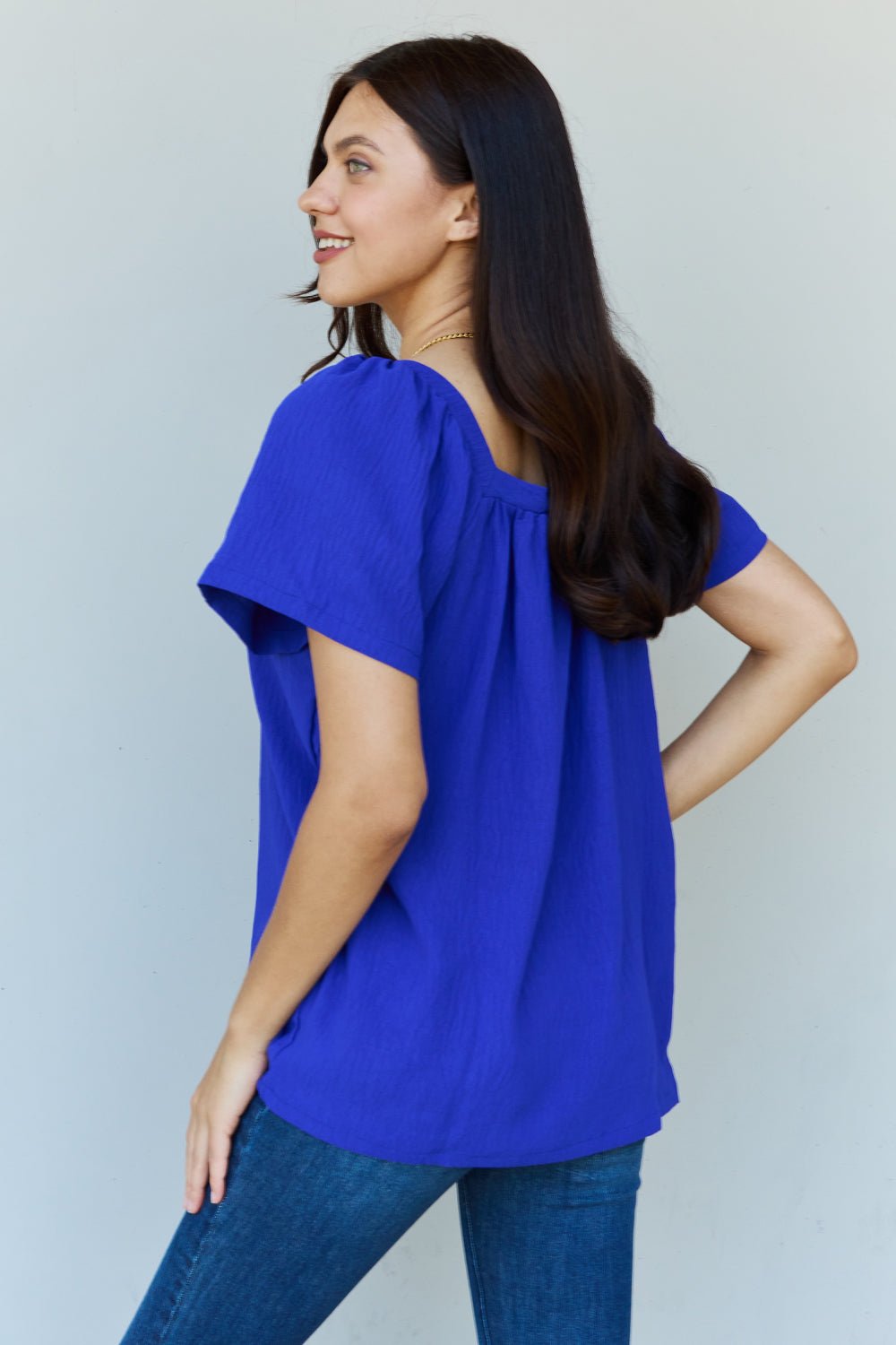 Ninexis - Square Neck Short Sleeve Blouse in Royal