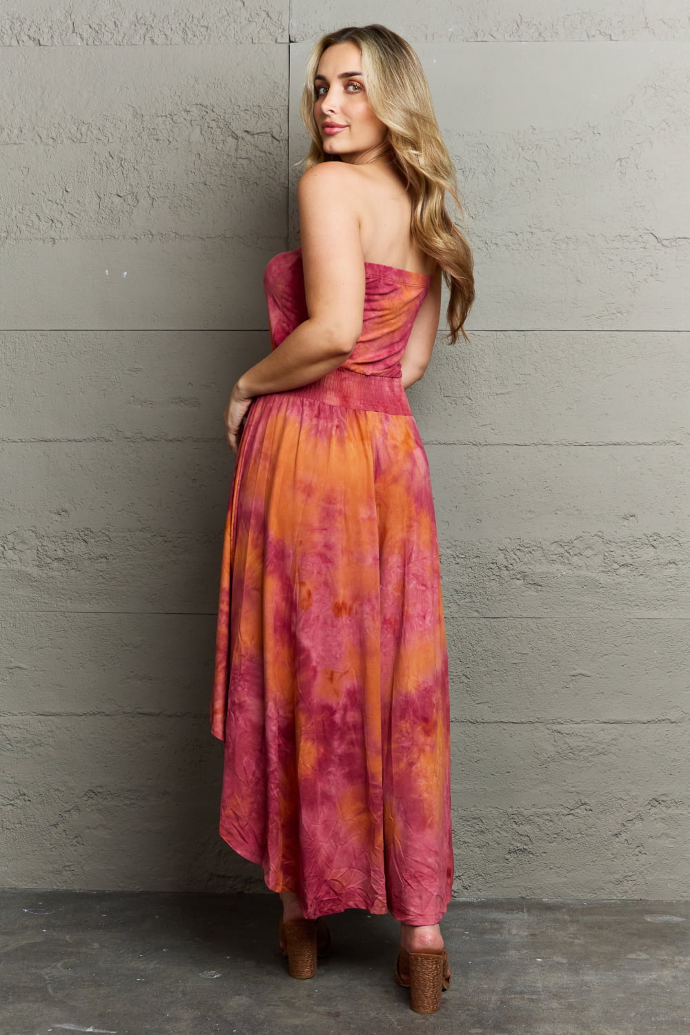 Ninexis - Strapless High - Low Tie Dye Maxi Dress in Deep Red