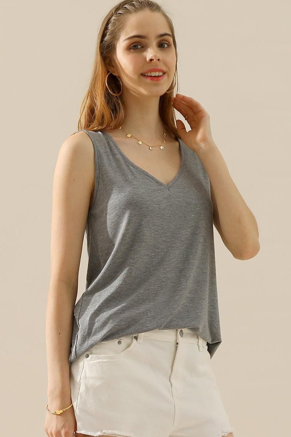 Ninexis - V - Neck Curved Hem Tank Top