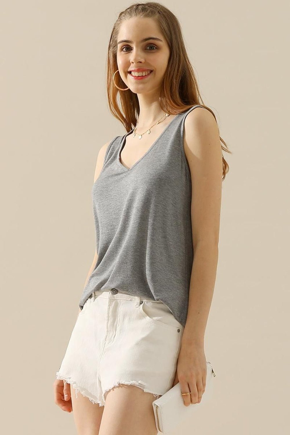 Ninexis - V - Neck Curved Hem Tank Top