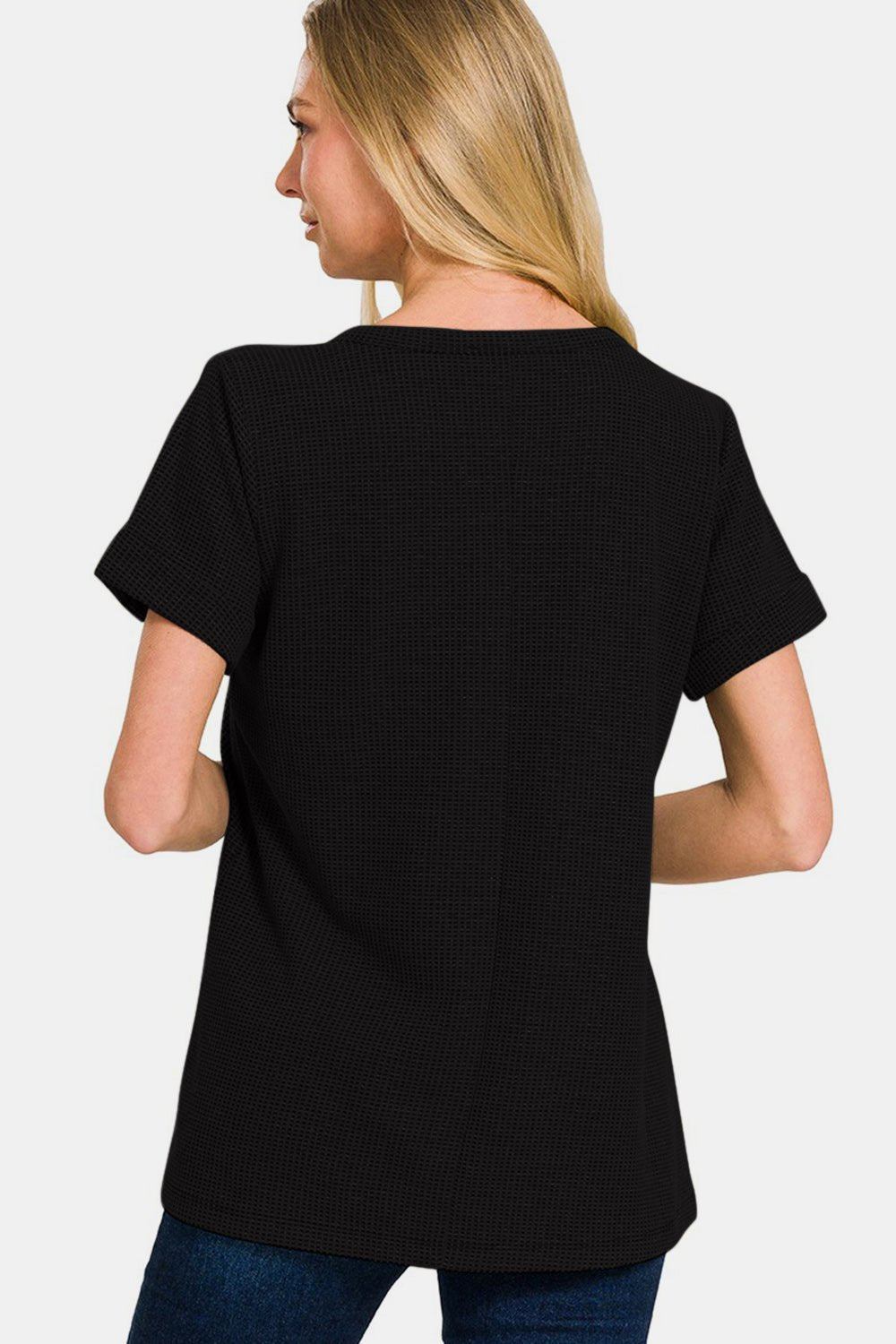 Notched Neck Short Sleeve Waffle Knit T-Shirt in BlackT-ShirtZenana