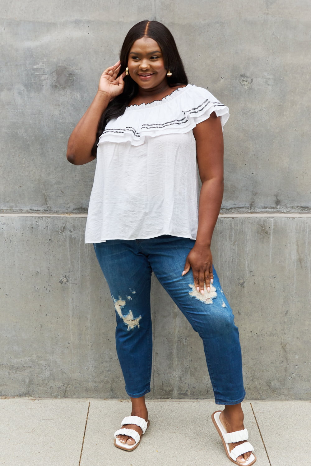 ODDI - Off - Shoulder Ruffle Blouse in Off - White