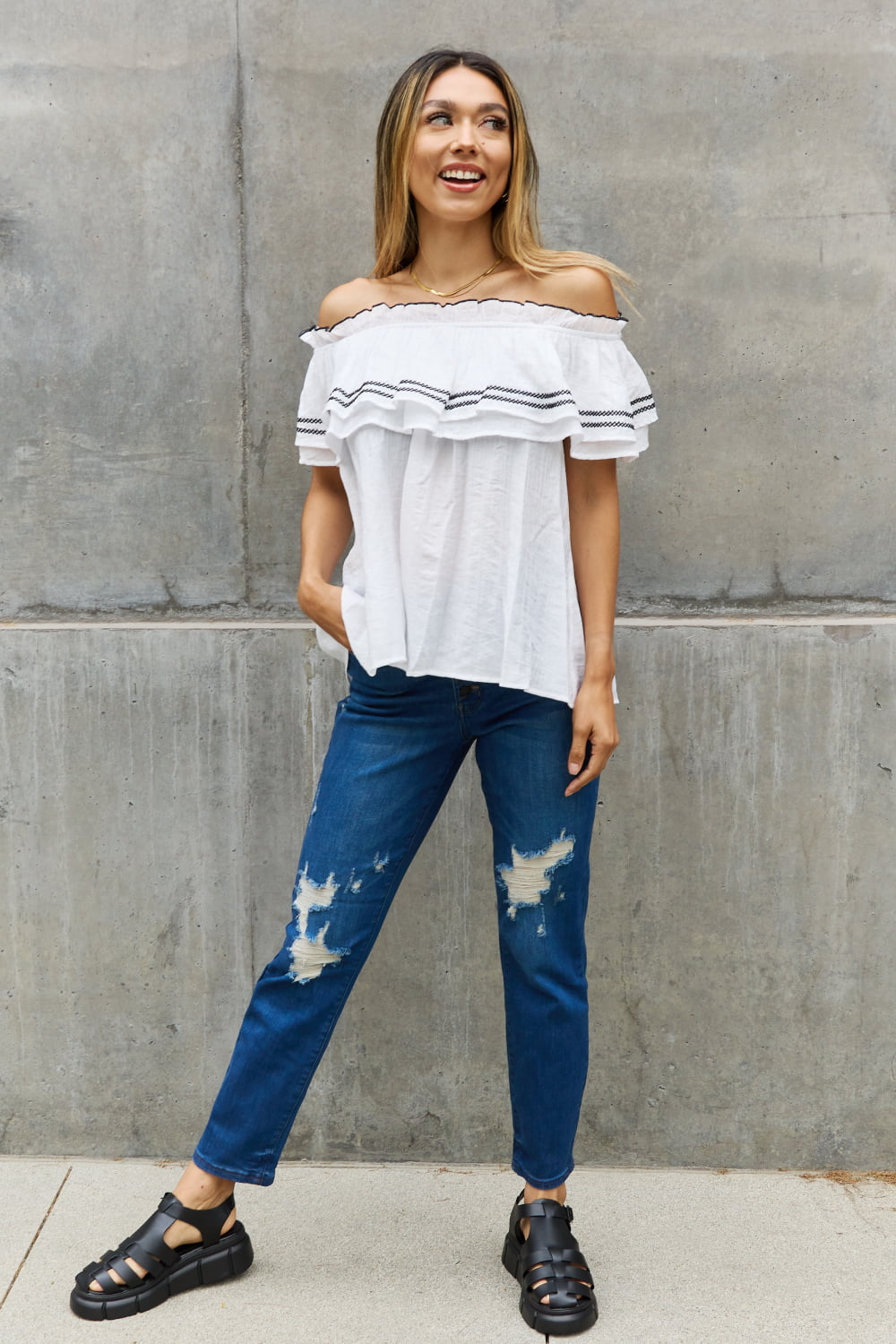 ODDI - Off - Shoulder Ruffle Blouse in Off - White