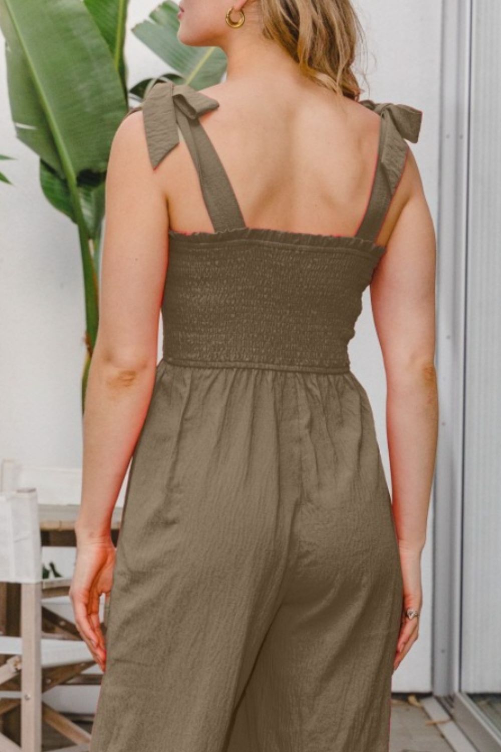 ODDI - Smocked Sleeveless Jumpsuit in Olive Green