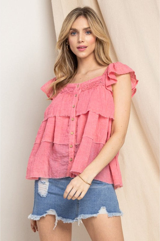 ODDIButtoned Ruffled Top in Strawberry