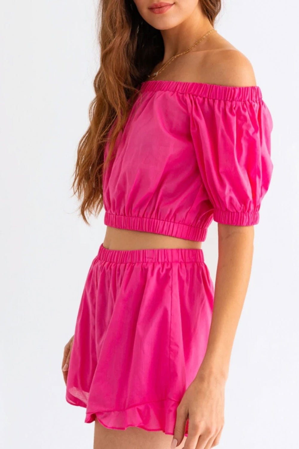 Off Shoulder Crop Top and Ruffled Shorts Set in PinkShorts SetTASHA