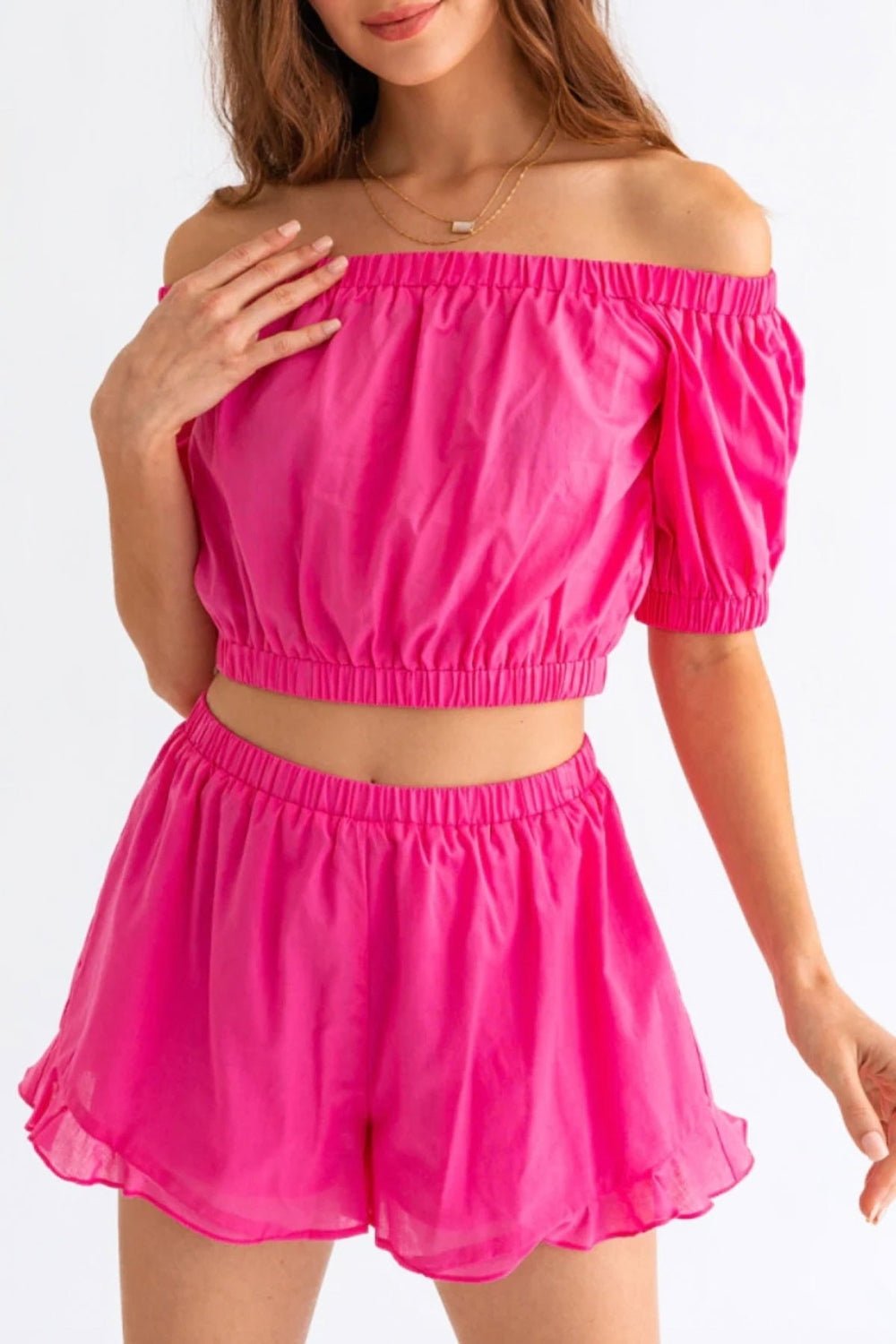 Off Shoulder Crop Top and Ruffled Shorts Set in PinkShorts SetTASHA