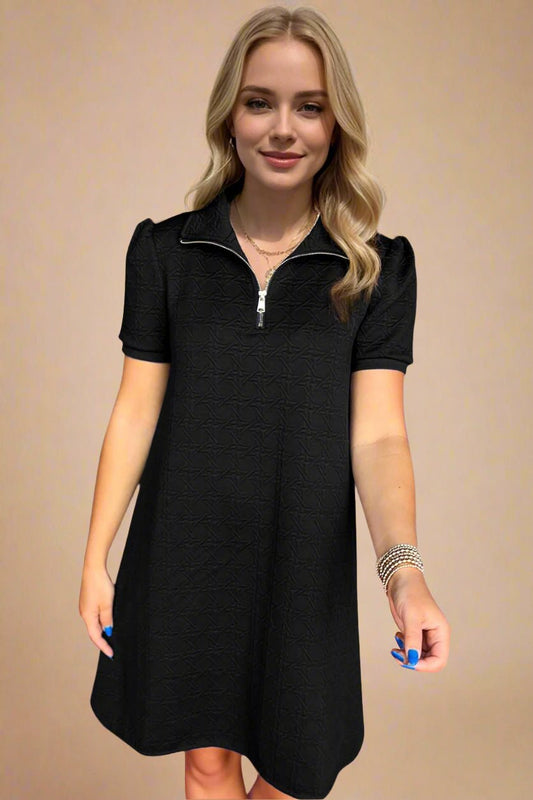 OH - Black Quarter Zip Short Sleeve Mini Dress