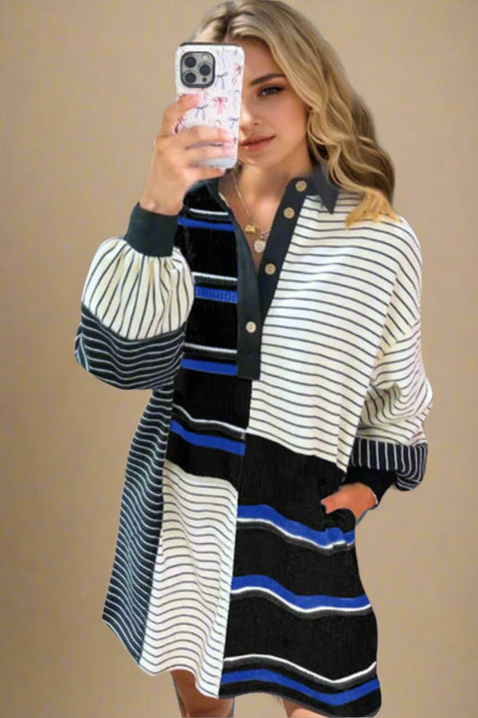 OH - Black Striped Half Button Long Sleeve Mini Dress