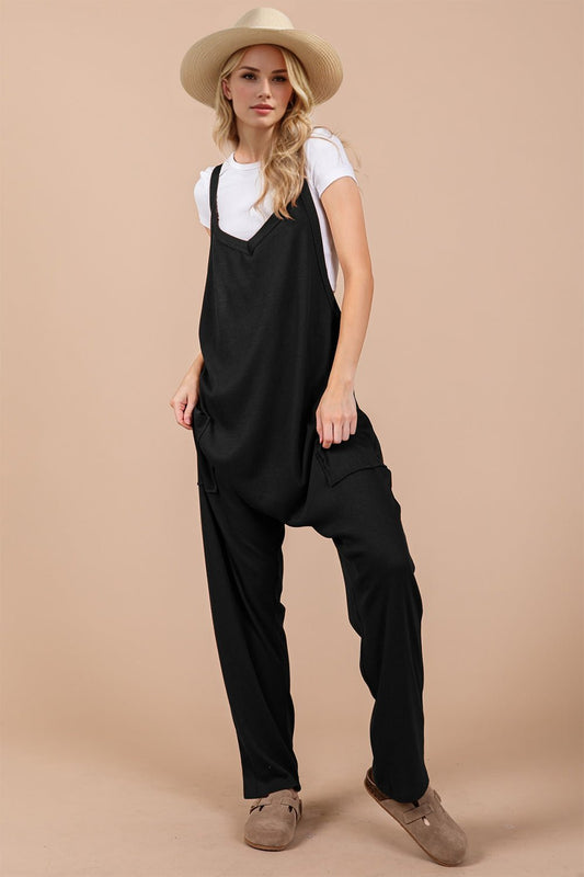 OH - Black V - Neck Jumpsuit with Pockets