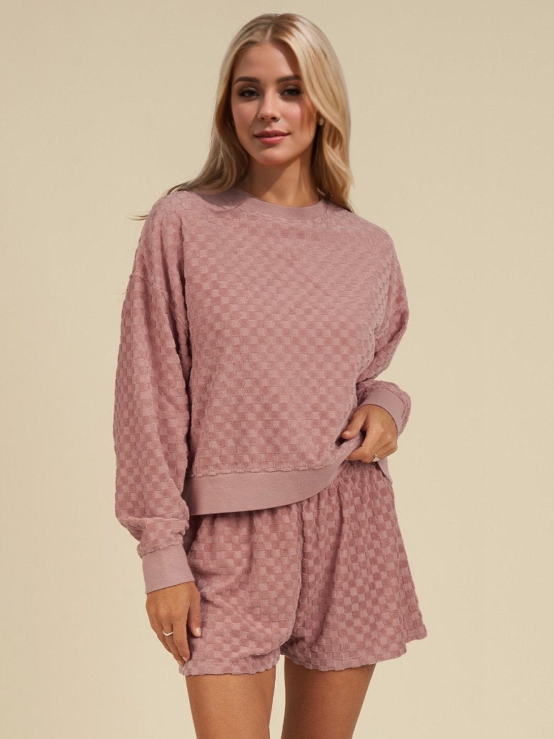 OH - Checkered Long Sleeve Top and Shorts Set in Pale Blush