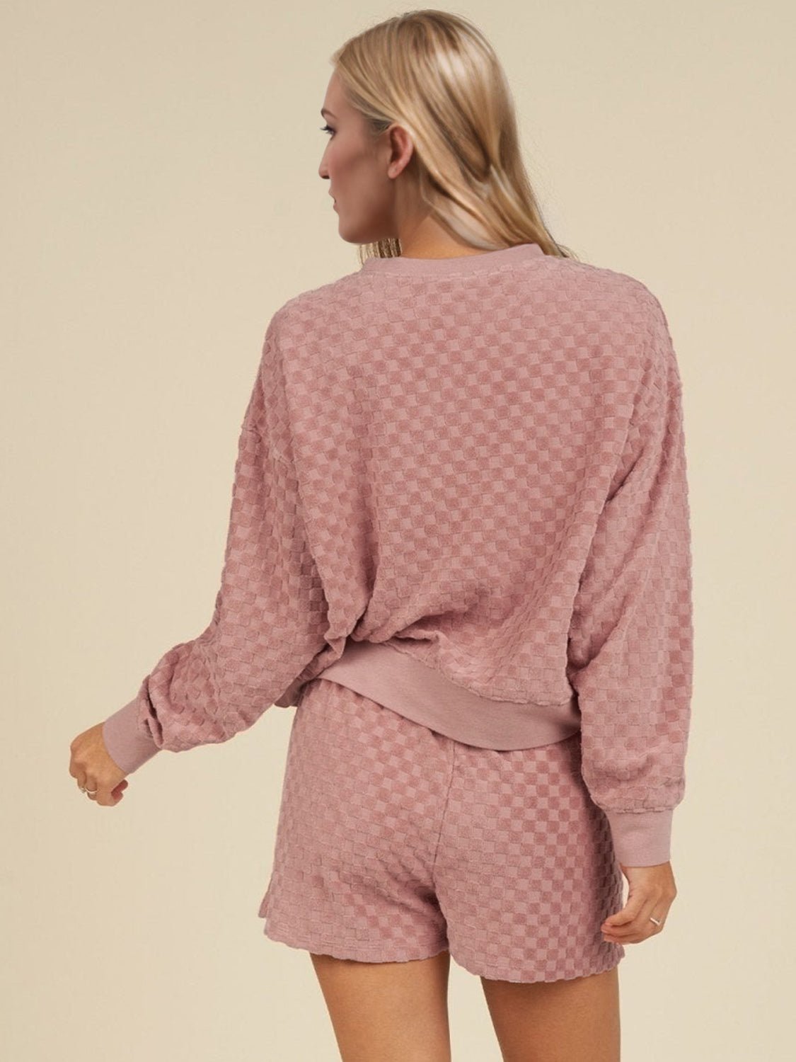 OH - Checkered Long Sleeve Top and Shorts Set in Pale Blush