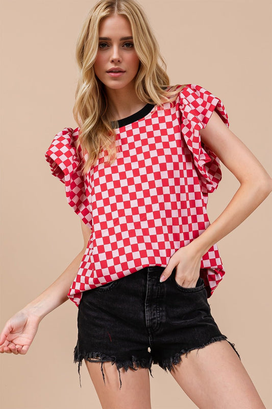 OH - Checkered Puff Sleeve Blouse