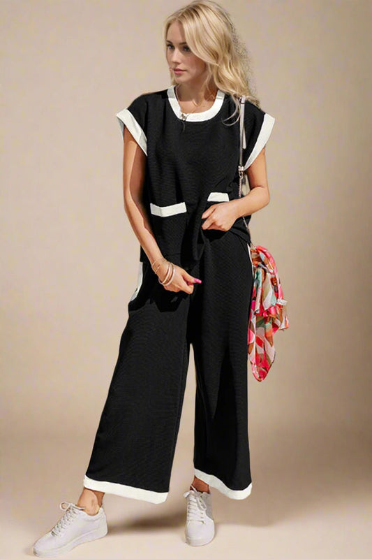 OH - Contrast Trim Cap Sleeve Top and Pants Set