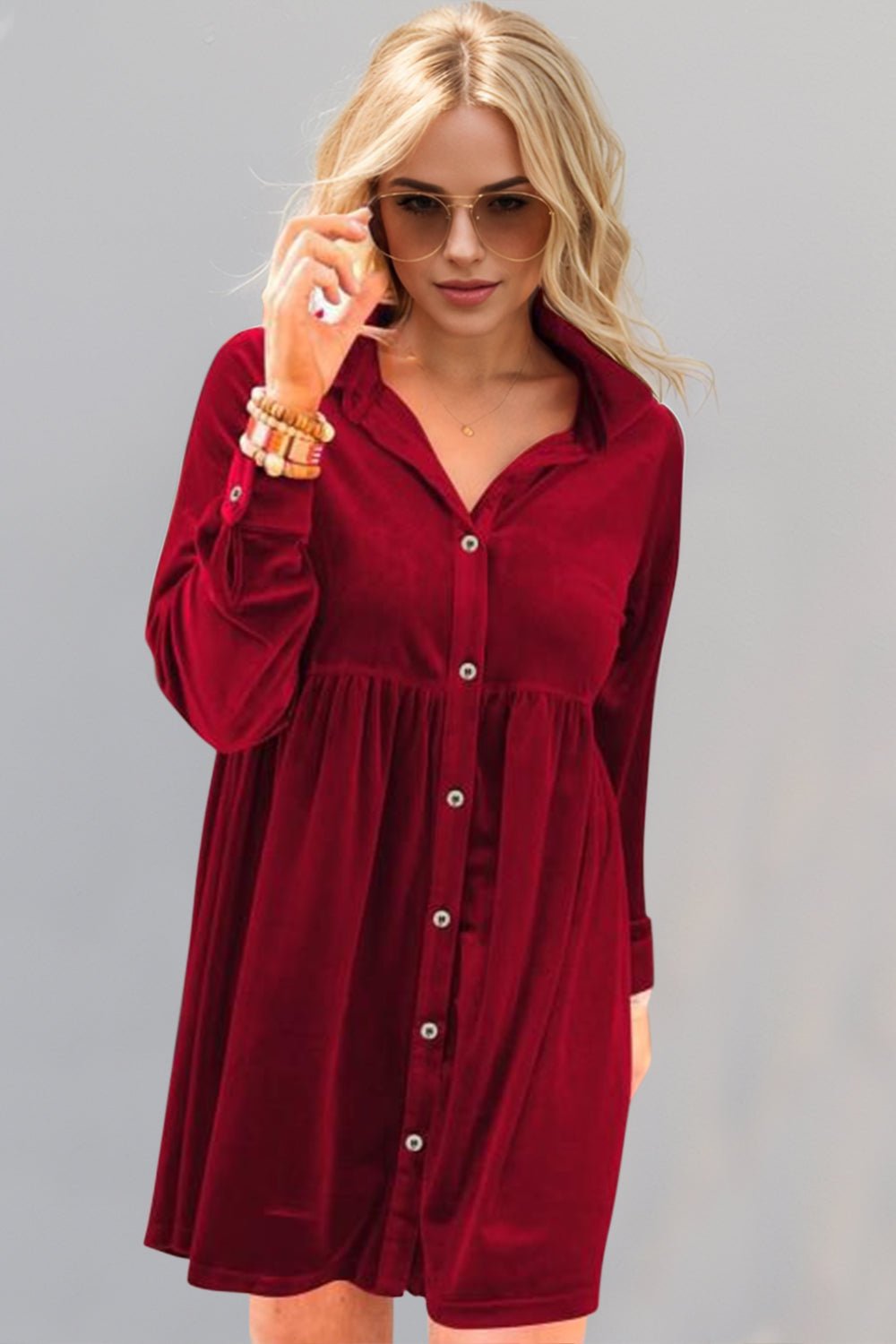 OH - Deep Red Velvet Mini Shirt Dress