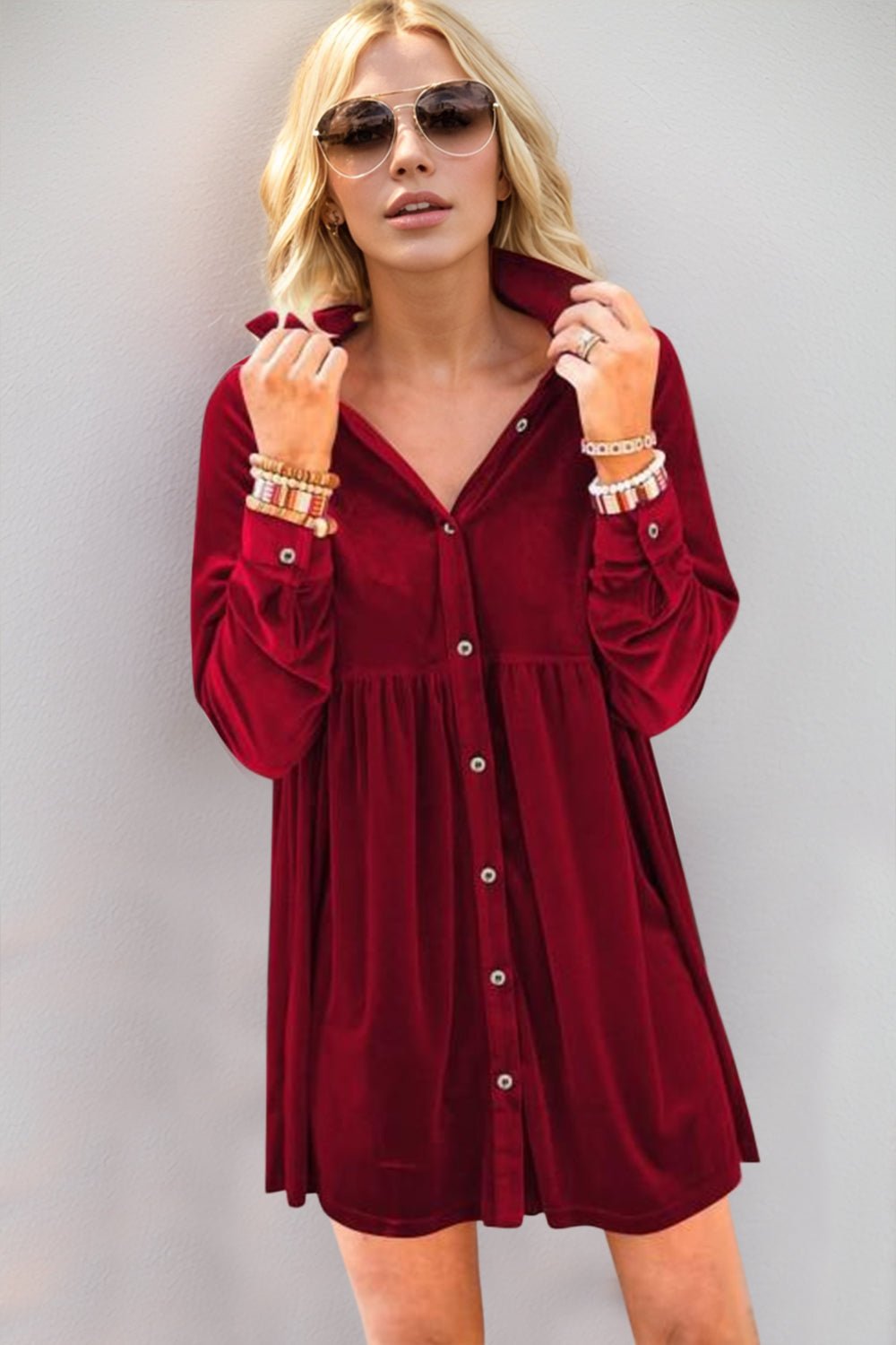 OH - Deep Red Velvet Mini Shirt Dress