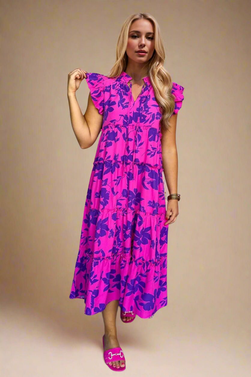 OH - Floral Print Cap Sleeve Midi Dress