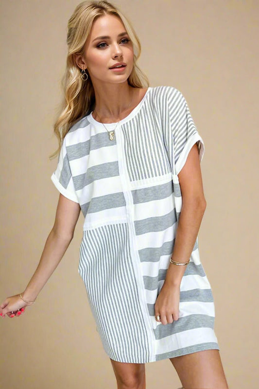 OH - Gray Striped Short Sleeve Mini Tee Dress