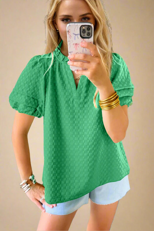 OH - Green Frill Trim Puff Sleeve Blouse