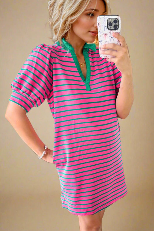 OH - Hot Pink Striped Puff Sleeve Mini Tee Dress