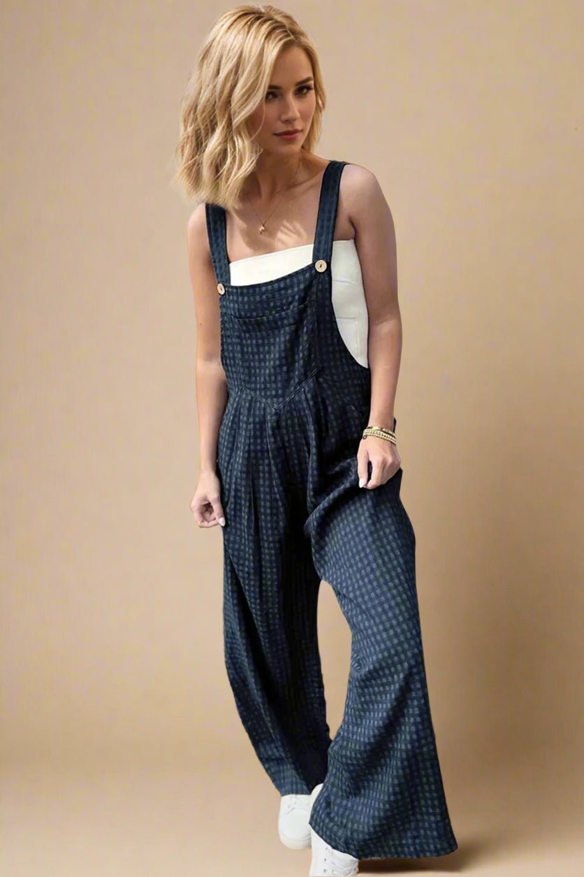 OH - Peacock Blue Plaid Wide Leg Overalls with Pockets