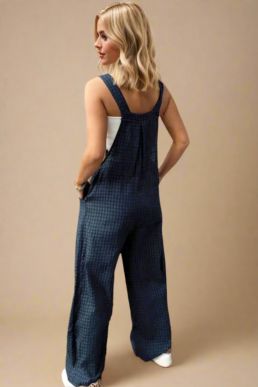 OH - Peacock Blue Plaid Wide Leg Overalls with Pockets