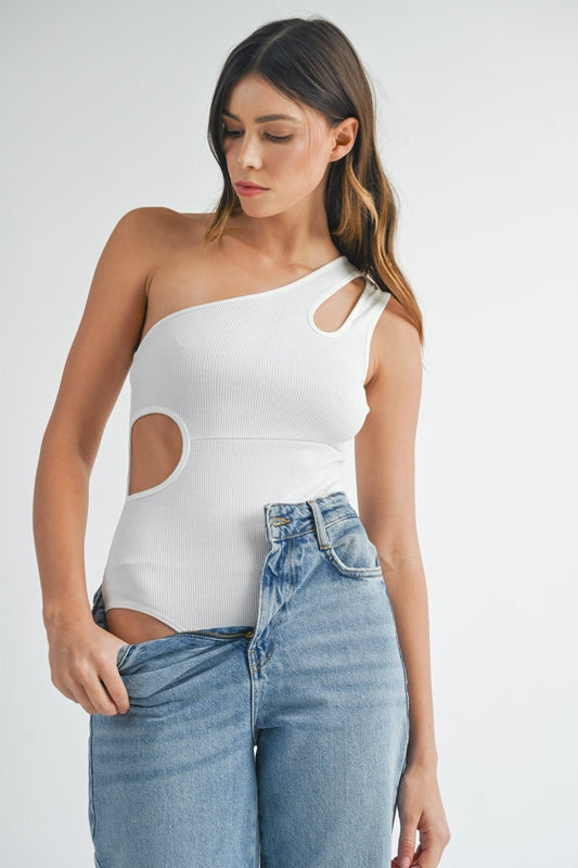 One Shoulder Ribbed Cutout Detail Bodysuit in Off-WhiteBodysuitMable