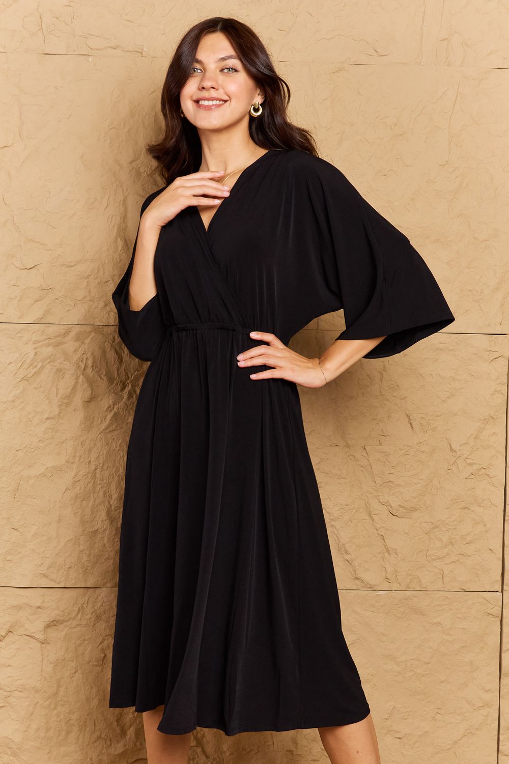 OnTheLand - Dolman Sleeve Surplice Midi Dress in Black