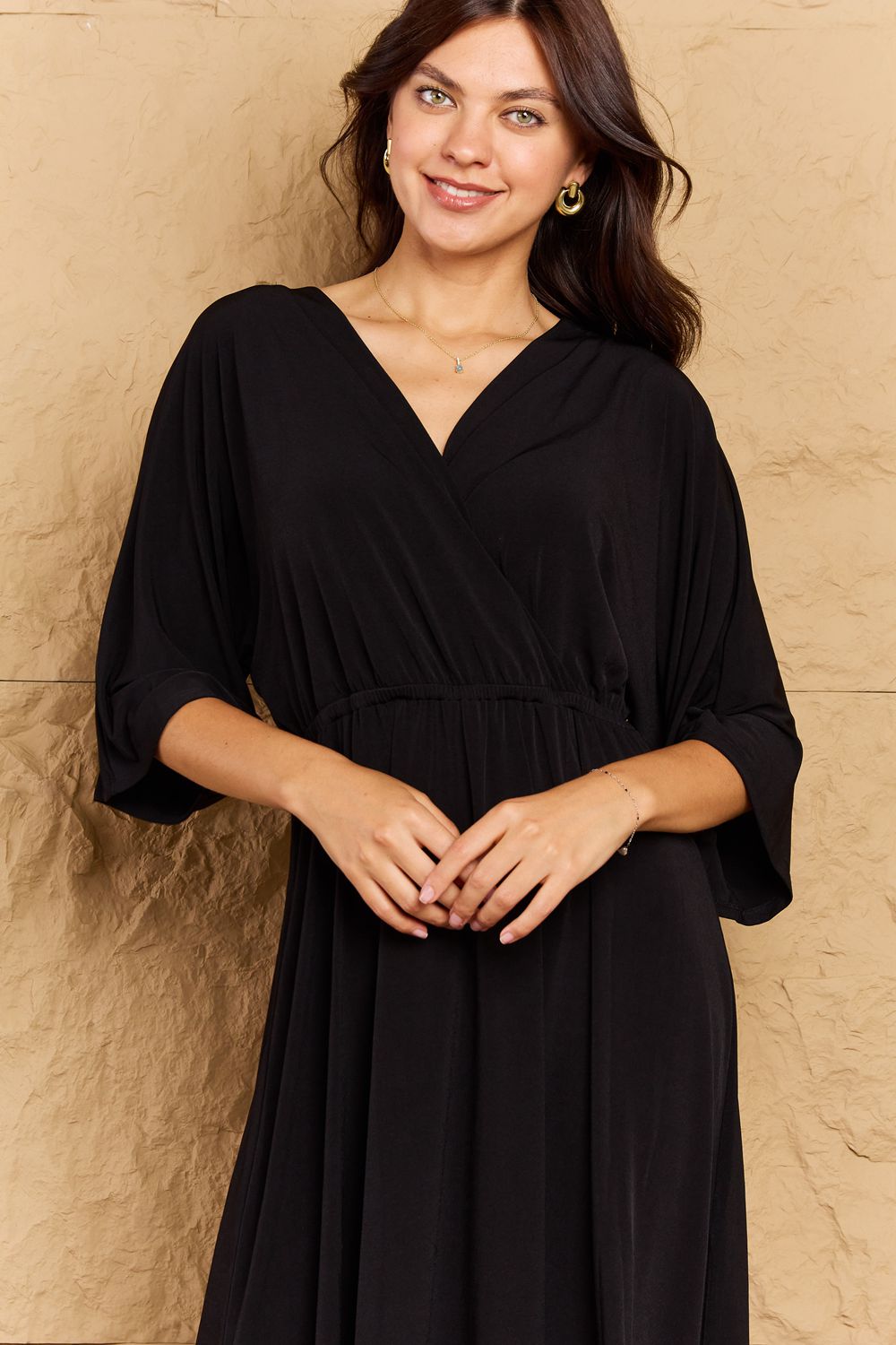 OnTheLand - Dolman Sleeve Surplice Midi Dress in Black