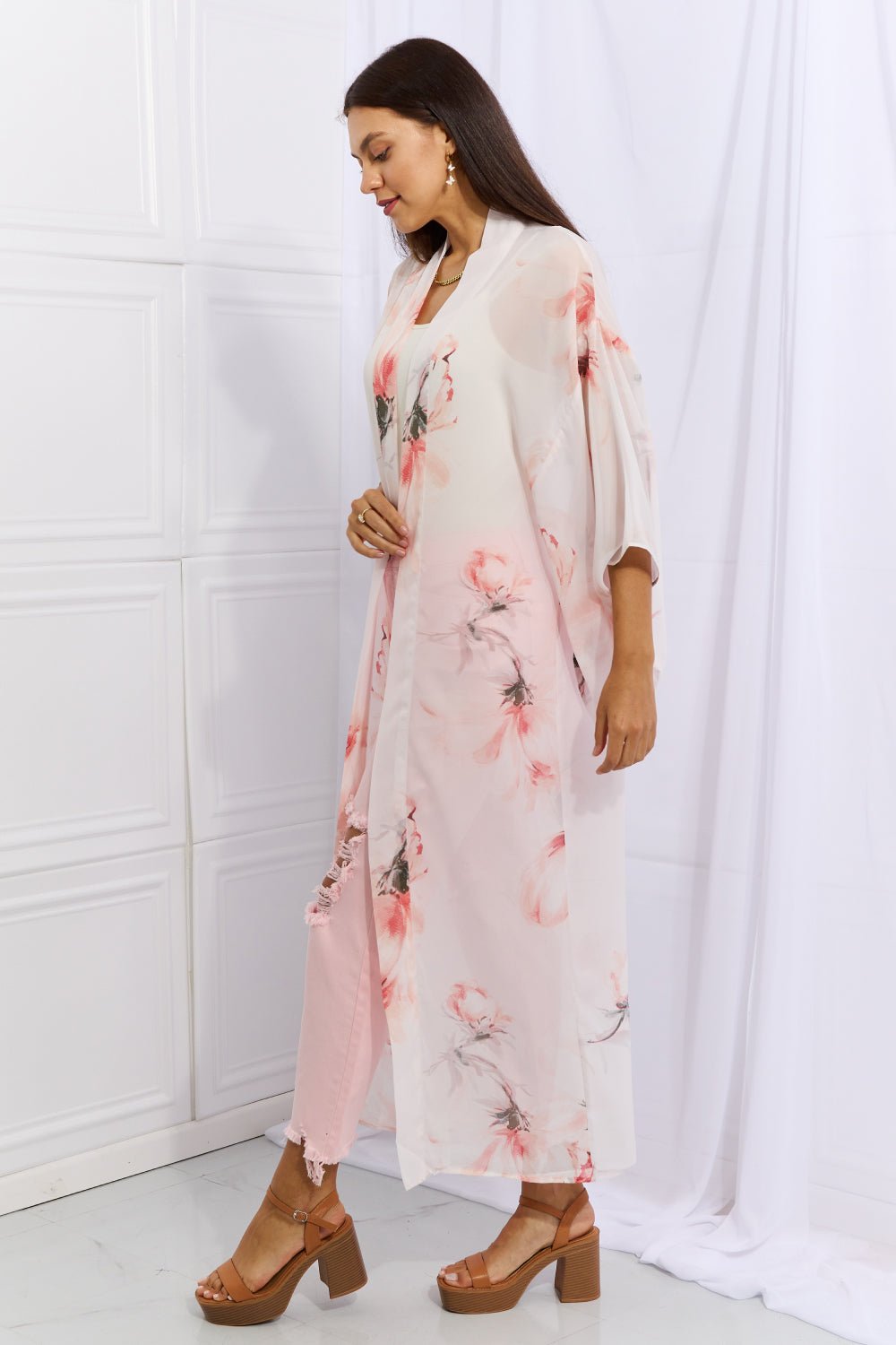 OnTheLand - Pink Floral Chiffon Maxi Kimono Cardigan