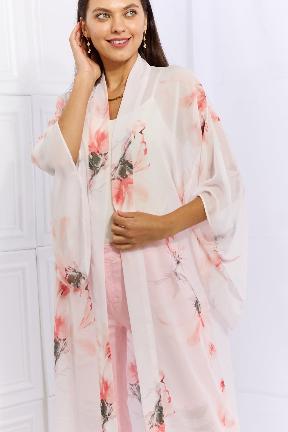 OnTheLand - Pink Floral Chiffon Maxi Kimono Cardigan