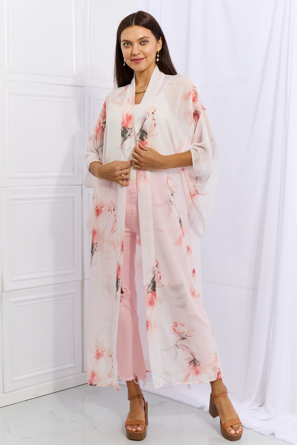 OnTheLand - Pink Floral Chiffon Maxi Kimono Cardigan