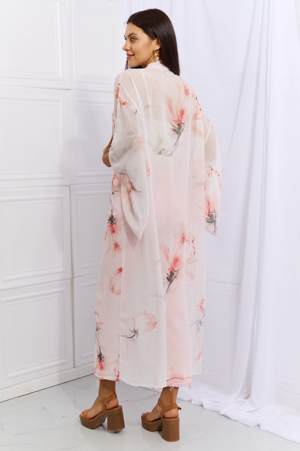 OnTheLand - Pink Floral Chiffon Maxi Kimono Cardigan