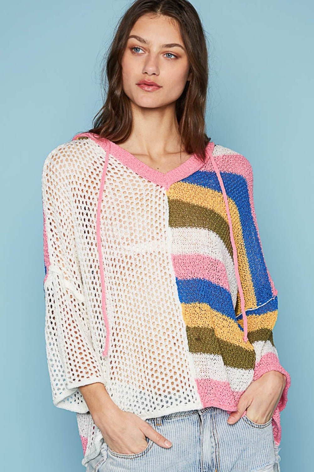 Openwork Color Block Hooded Knit Top in Ivory MultiTopPOL