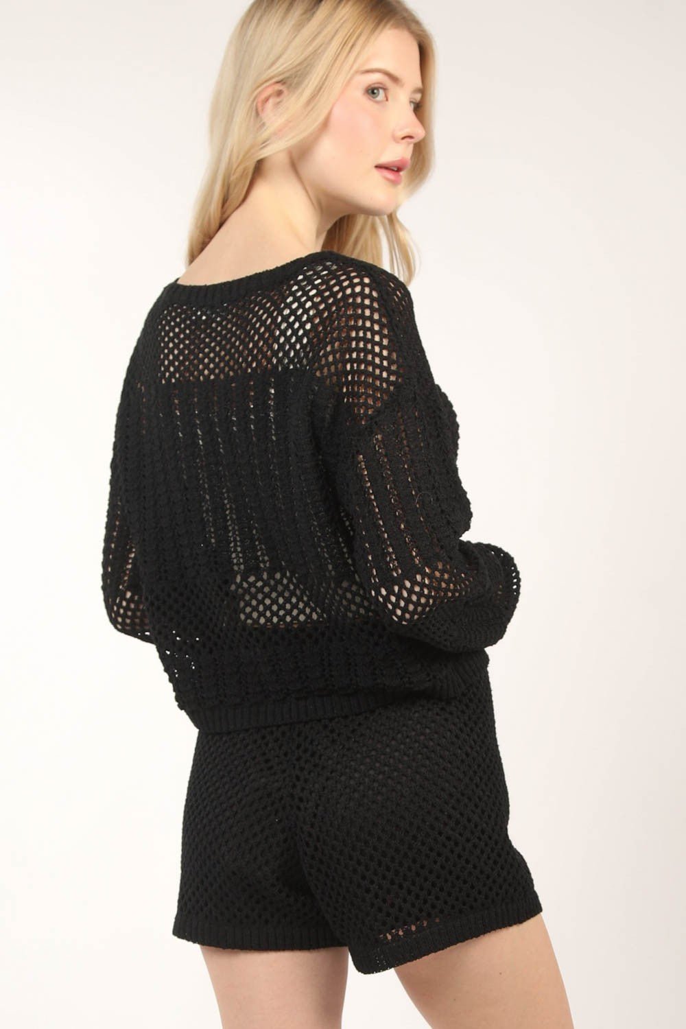 Openwork Cropped Cover Up and Shorts Set in BlackShorts SetVery J